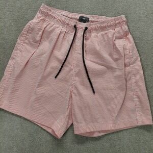 H&M Coral Vertical Stripe Men's LARGE 5" Inseam Swim Trunks Drawstring Pockets